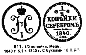 монета 1/2 копейки. 1840 г
